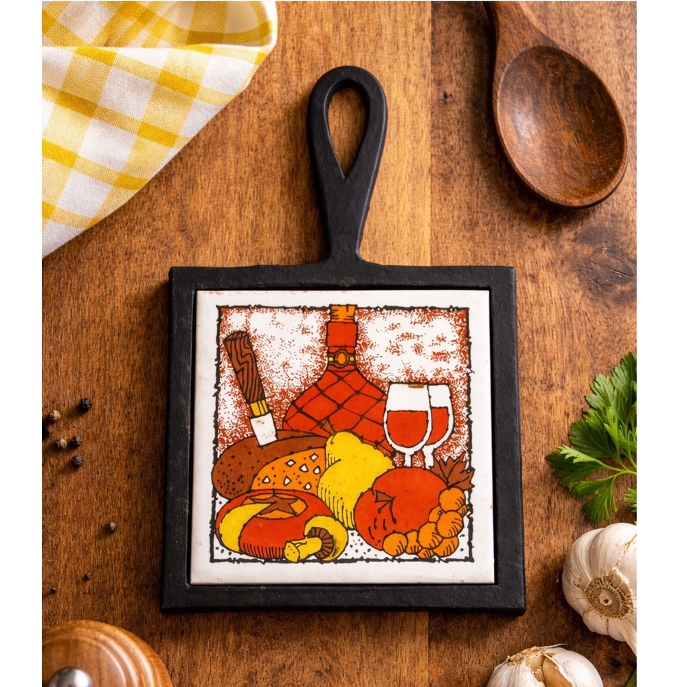 Cherry Cast Iron Tile Trivet 70s Kitchen Food Wine Design Retro 9" Made in Japan